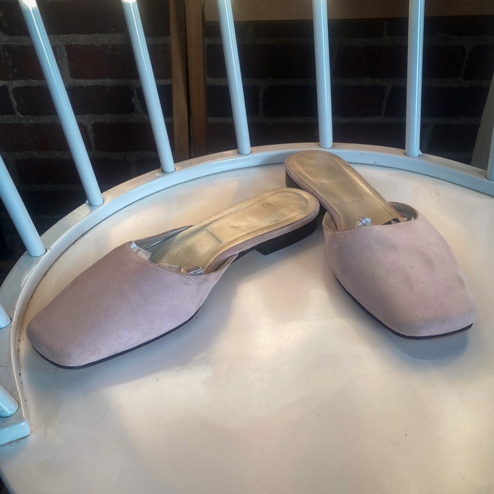 Coach Suede Slides with Low Stacked Wood Heel & Square Toe Ballet Pink Mules